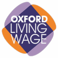 Oxford Living Wage logo featuring purple and orange geometric shapes and the white text Oxford Living Wage.